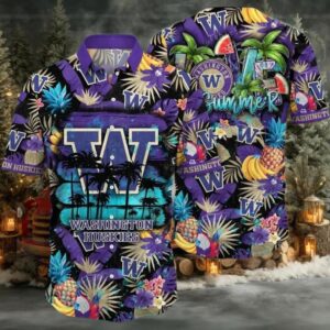 NCAA Washington Huskies Flower Button Up Hawaiian Shirt 3D Shirt