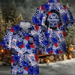 VinoVogue Summer Aloha Floral Pabst Blue Ribbon Hawaiian Shirt