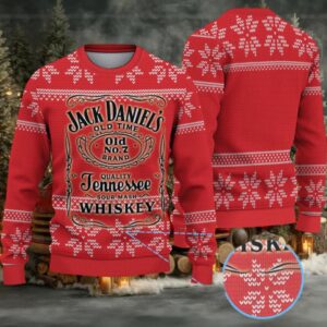 Red Fair Isle Snowflake Ugly Christmas Sweater Jack Daniel’s Old No. 7 Tennessee Whiskey Label