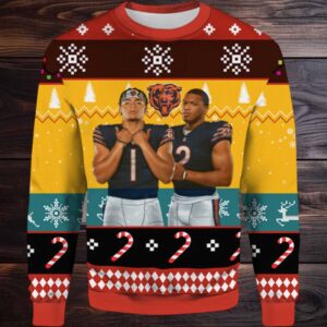 2025 Justin Fields and Dj Moore Chicago Bears Ugly Sweater 2025 Justin Fields and Dj Moore Chicago Bears Ugly Sweater
