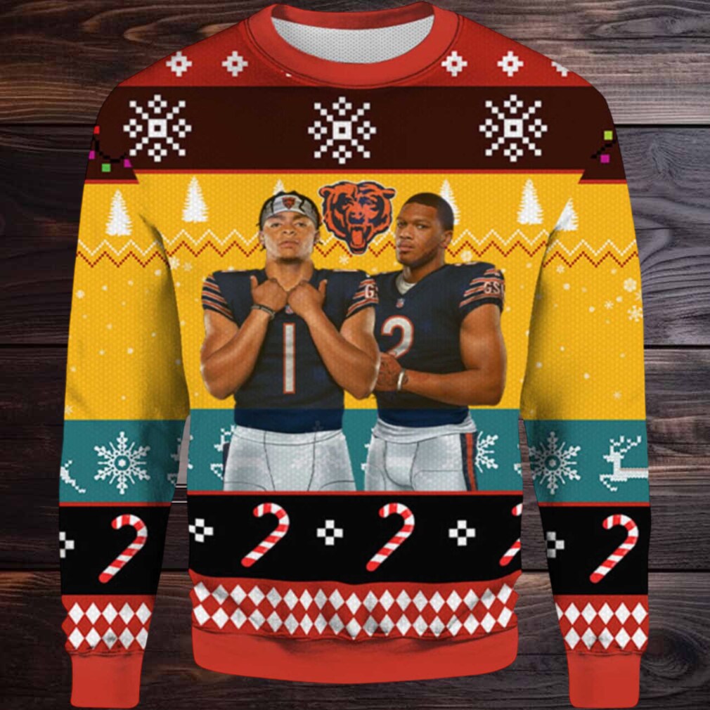 2025 Justin Fields and Dj Moore Chicago Bears Ugly Sweater 2025 Justin Fields and Dj Moore Chicago Bears Ugly Sweater