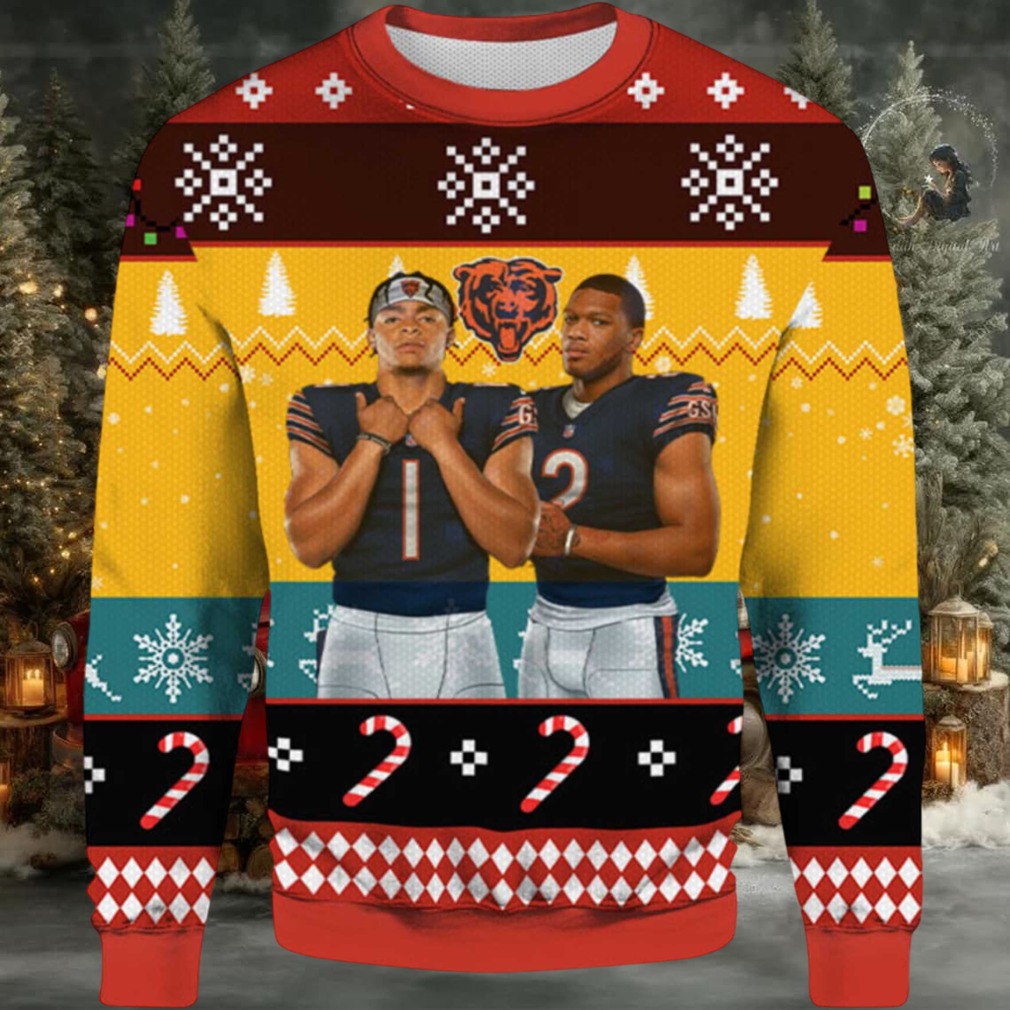 2025 Justin Fields and Dj Moore Chicago Bears Ugly Sweater 2025 Justin Fields and Dj Moore Chicago Bears Ugly Sweater