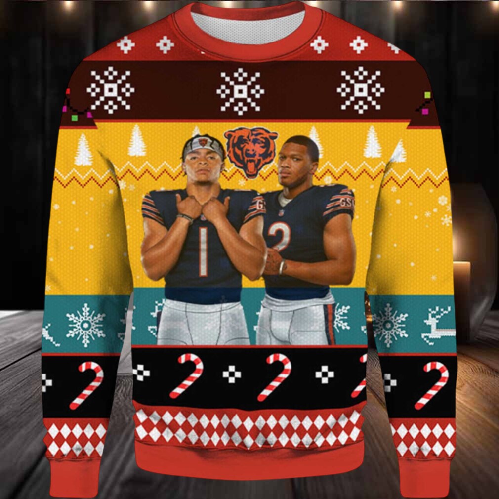 2025 Justin Fields and Dj Moore Chicago Bears Ugly Sweater 2025 Justin Fields and Dj Moore Chicago Bears Ugly Sweater