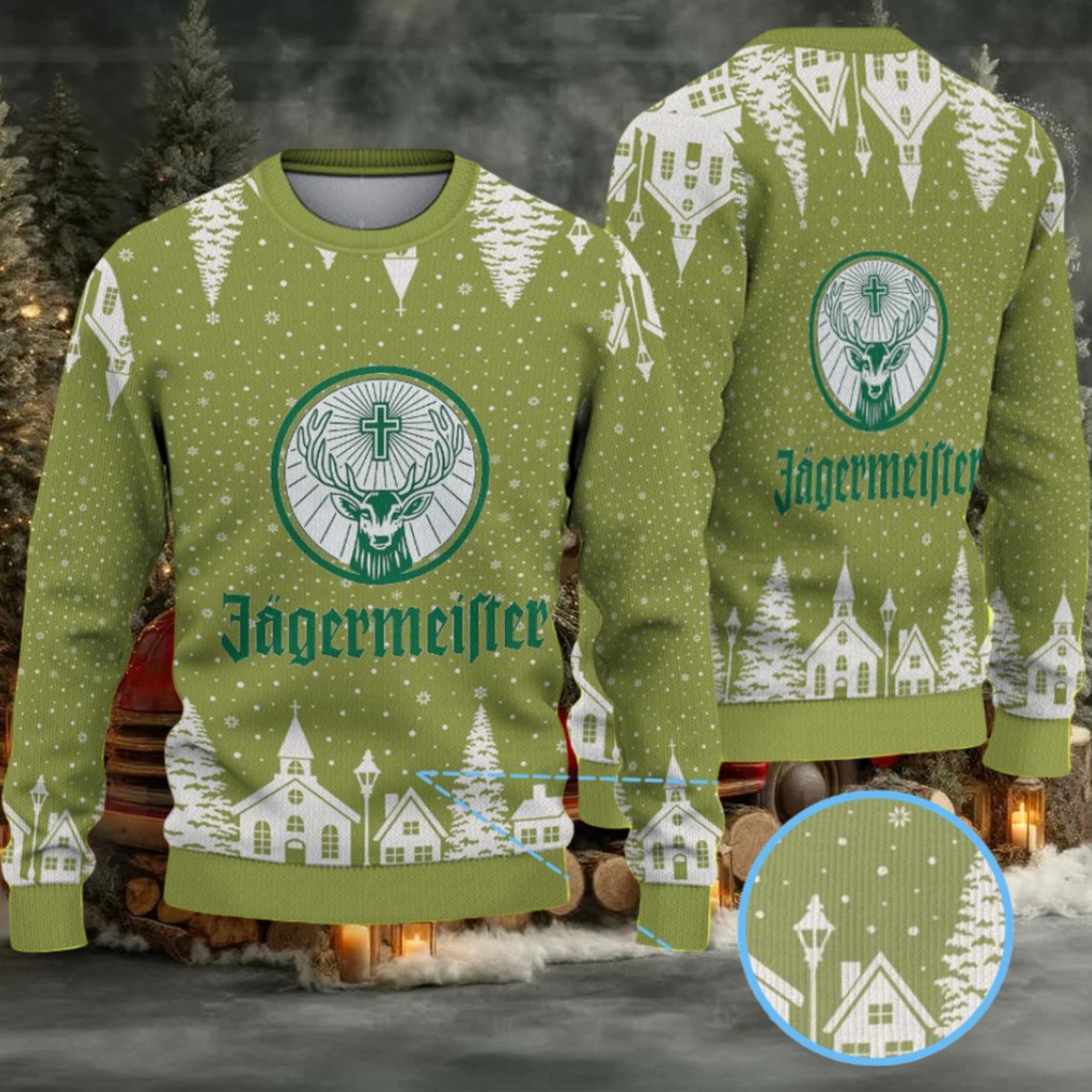 Olive Green Snowy Village Pattern Ugly Christmas Sweater Jagermeister Stag Logo Olive Green Snowy Village Pattern Ugly Christmas Sweater Jagermeister Stag Logo