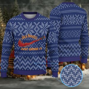 Navy Dotted Snowflake Ugly Christmas Sweater Jack Daniel’s Just Drink It Whiskey Splash