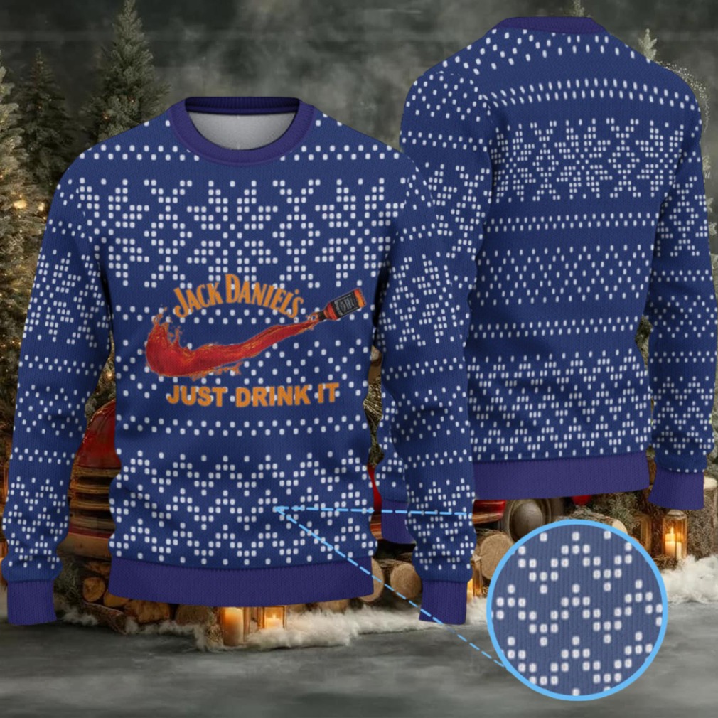 Navy Dotted Snowflake Ugly Christmas Sweater Jack Daniel’s Just Drink It Whiskey Splash Navy Dotted Snowflake Ugly Christmas Sweater Jack Daniel’s Just Drink It Whiskey Splash