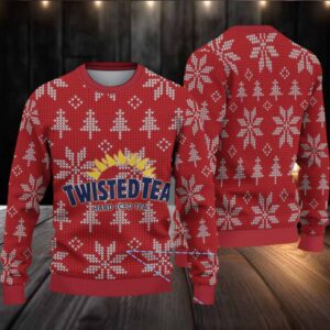 Red Twisted Tea Snowflake and Tree Pattern Ugly Sweater