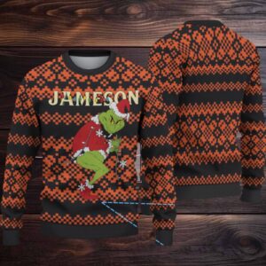 Black Orange Jameson Grinch Pixel Knit Christmas Ugly Sweater