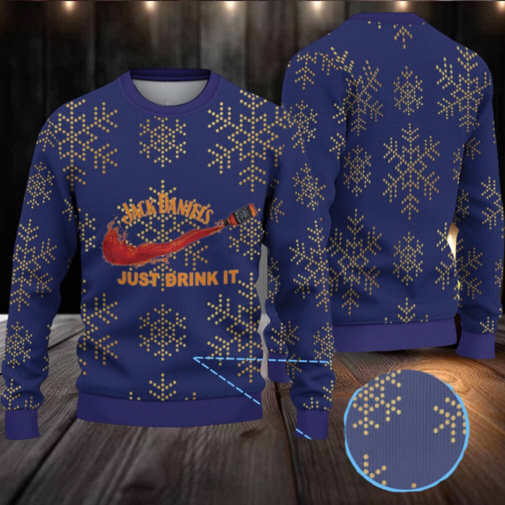 Navy Blue Dotted Snowflake Ugly Christmas Sweater Jack Daniel’s Just Drink It Whiskey Splash Navy Blue Dotted Snowflake Ugly Christmas Sweater Jack Daniel’s Just Drink It Whiskey Splash