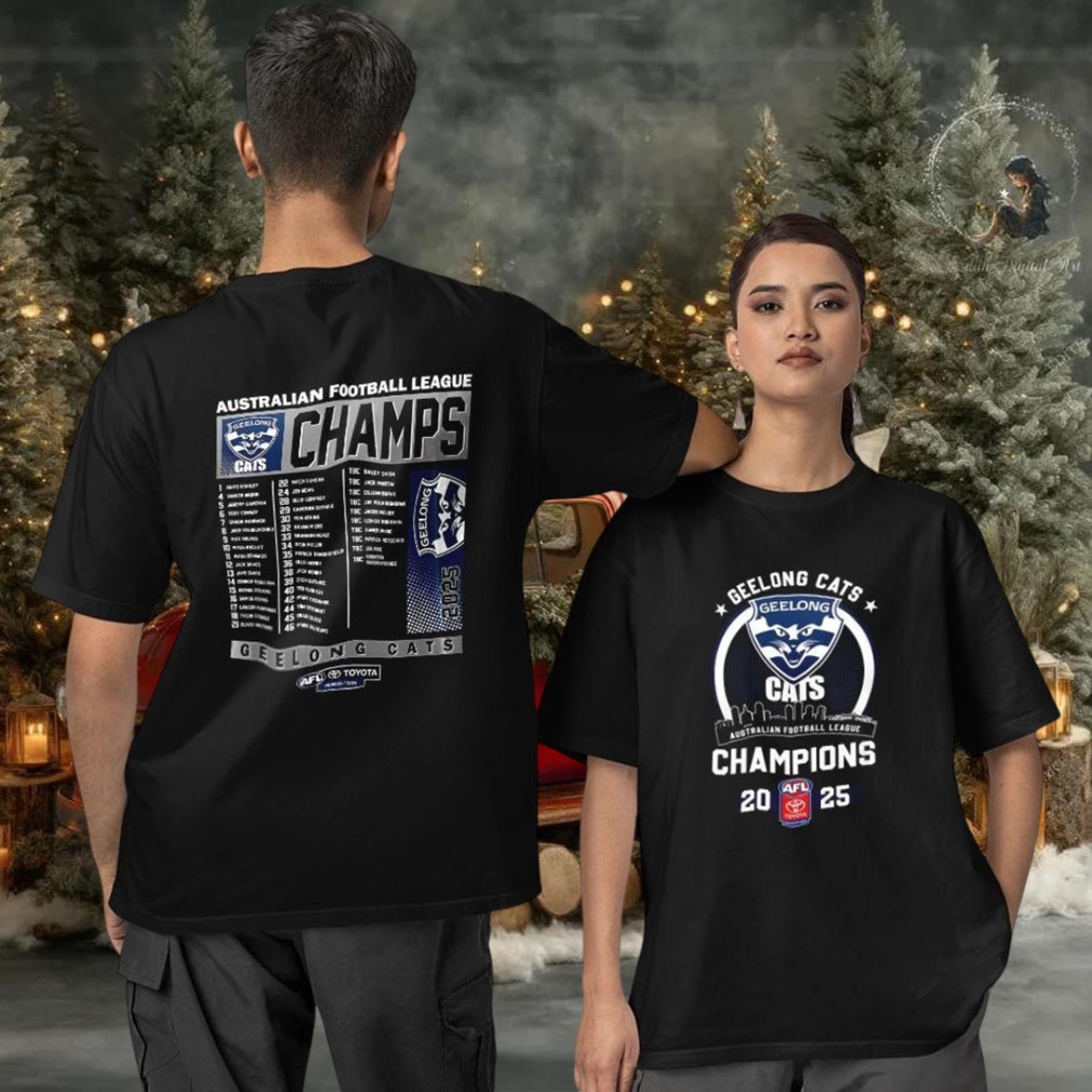 AFL Geelong Cats Australian Football League Champions 2025 two sided T shirt AFL Geelong Cats Australian Football League Champions 2025 two sided T shirt