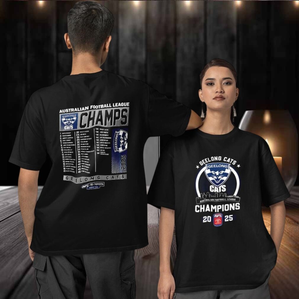 AFL Geelong Cats Australian Football League Champions 2025 two sided T shirt AFL Geelong Cats Australian Football League Champions 2025 two sided T shirt