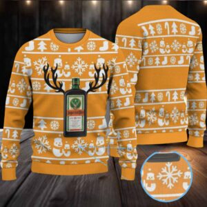 Amber Orange with White Holiday Icons Stripe Pattern Ugly Christmas Sweater Jagermeister Bottle Antlers