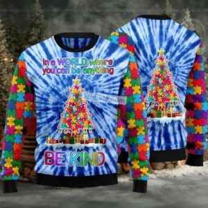 Autism Tree Be Kind Ugly Christmas Sweater Blue Vintage