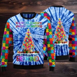 Autism Tree Be Kind Ugly Christmas Sweater Blue Vintage