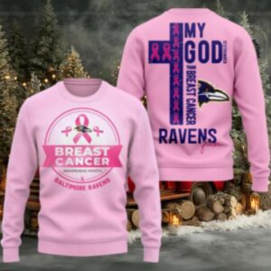 Baltimore Ravens 2025 NFL My God Is Stronger Than Breast Cancer Chritmas Sweater Shirt