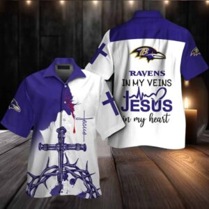 Baltimore Ravens In My Veins Jesus Im My Heart Hawaiian Shirt