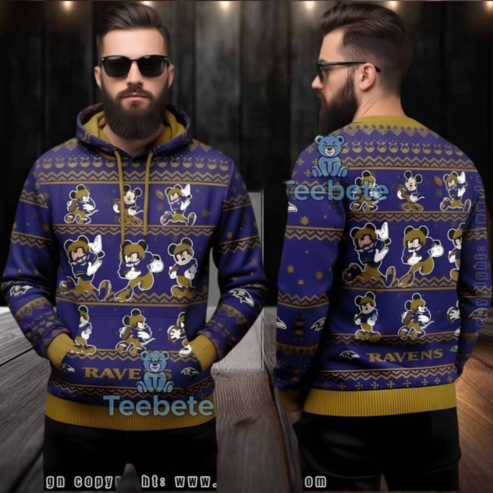 Baltimore Ravens Mickey Running Pattern Ugly 3D Hoodie Baltimore Ravens Mickey Running Pattern Ugly 3D Hoodie