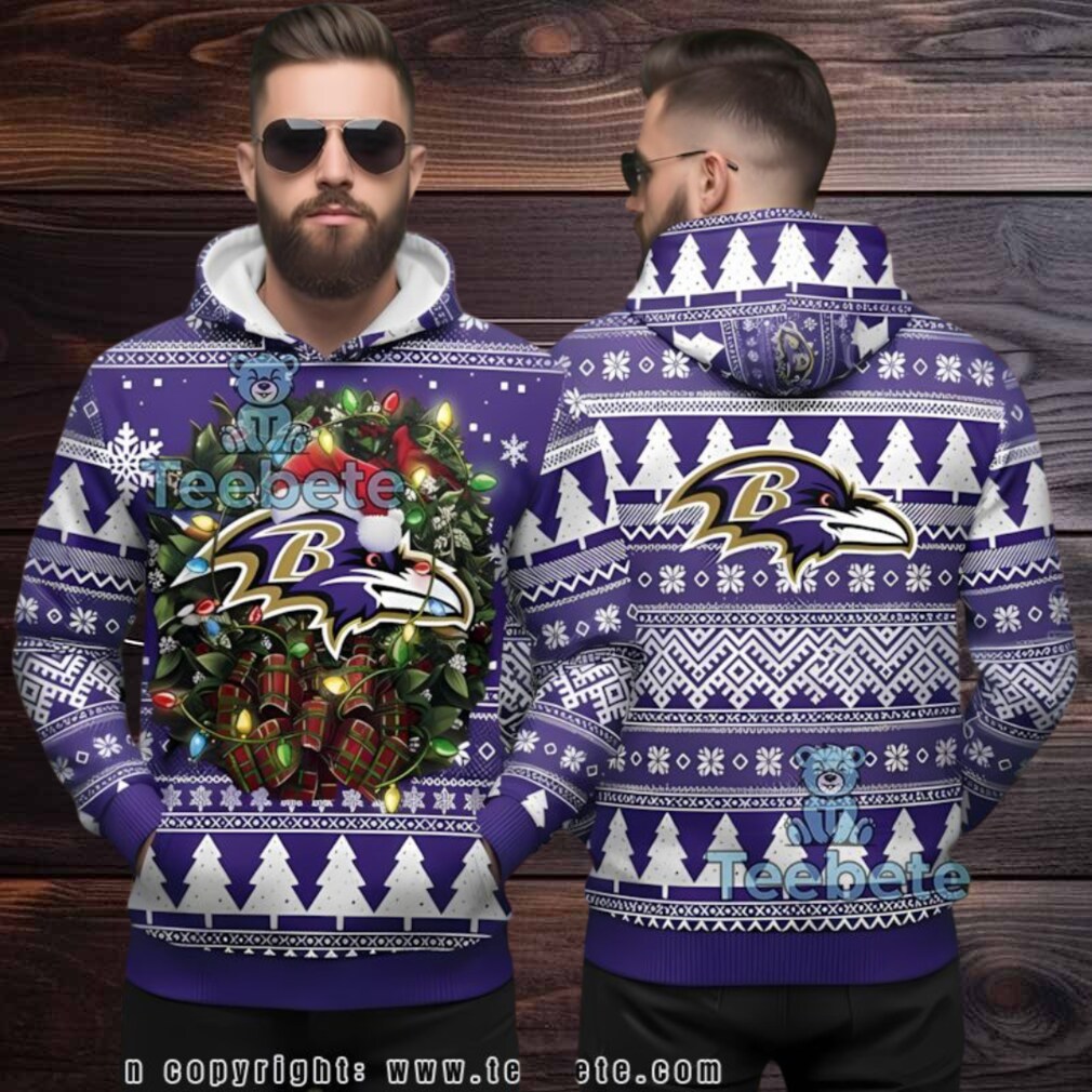 Baltimore Ravens Nfl Christmas Wreath Ugly 3D Hoodie Baltimore Ravens Nfl Christmas Wreath Ugly 3D Hoodie