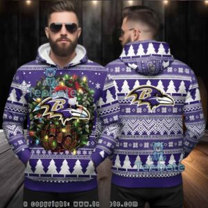 Baltimore Ravens Nfl Christmas Wreath Ugly 3D Hoodie