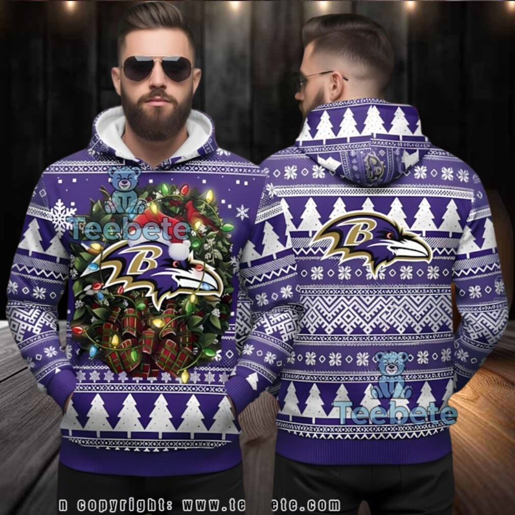 Baltimore Ravens Nfl Christmas Wreath Ugly 3D Hoodie Baltimore Ravens Nfl Christmas Wreath Ugly 3D Hoodie