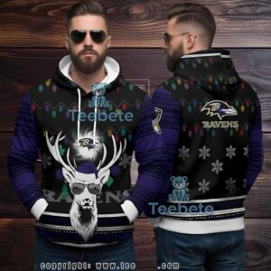 Baltimore Ravens Reindeer Ugly 3D Hoodie Holiday Fan Gear Baltimore Ravens Reindeer Ugly 3D Hoodie Holiday Fan Gear