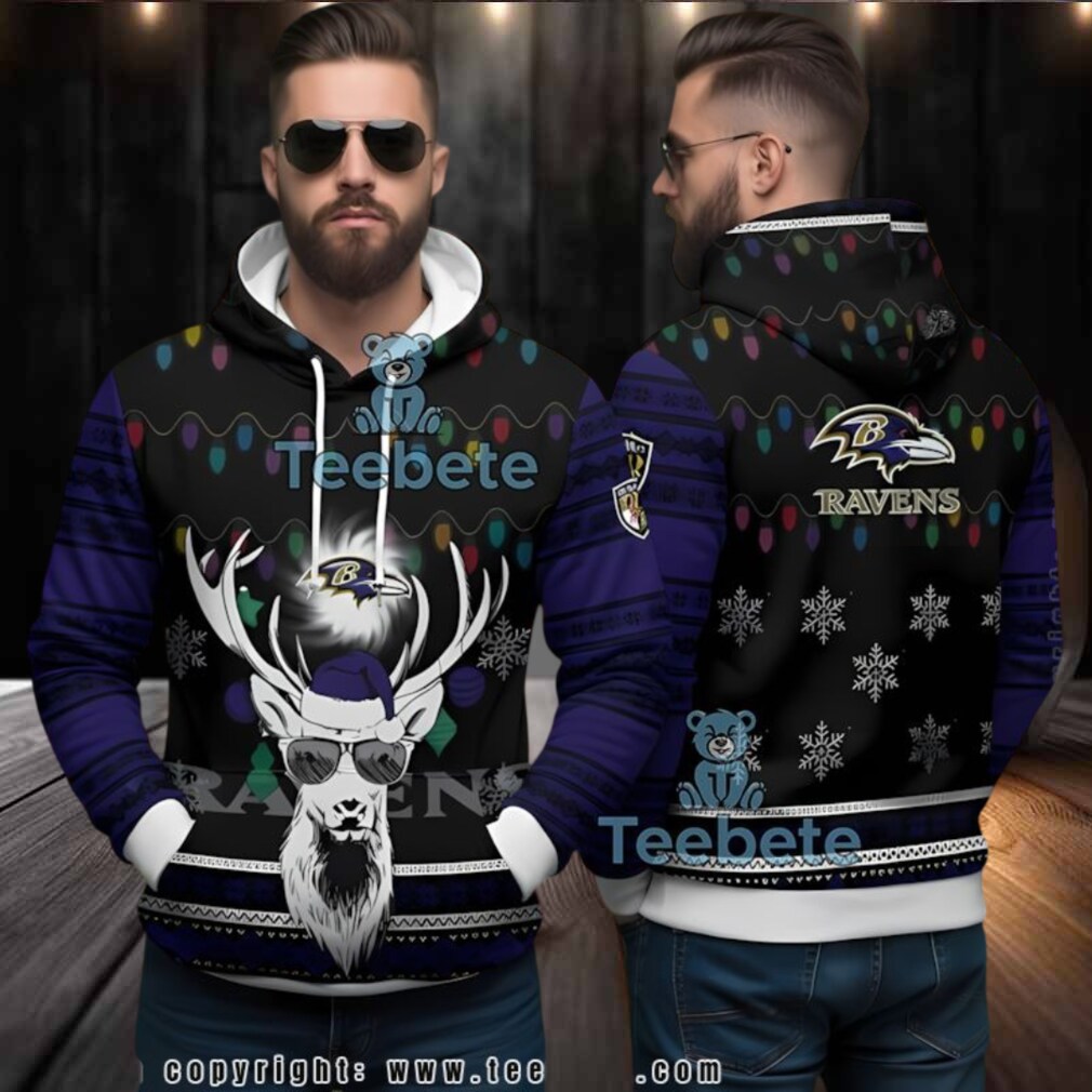 Baltimore Ravens Reindeer Ugly 3D Hoodie Holiday Fan Gear Baltimore Ravens Reindeer Ugly 3D Hoodie Holiday Fan Gear