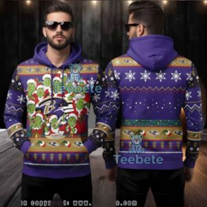 Baltimore Ravens Ugly 3D Pullover Hoodie Grinchmas Holiday Print