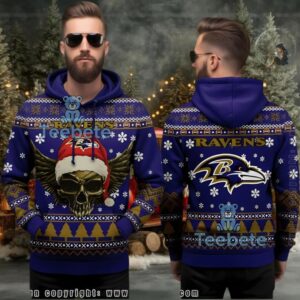 Baltimore Ravens Ugly 3D Pullover Hoodie Skull Wings Holiday
