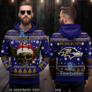 Baltimore Ravens Ugly 3D Pullover Hoodie Skull Wings Holiday