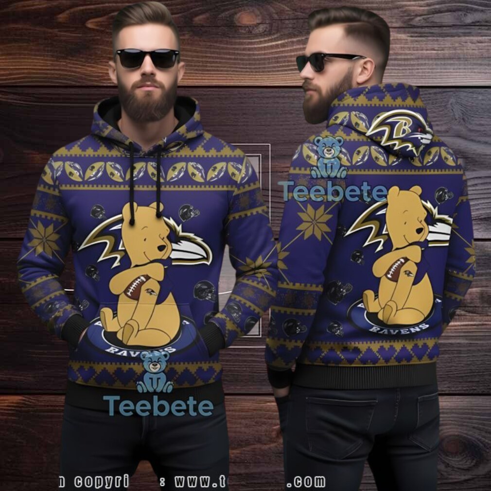 Baltimore Ravens Winnie Pooh Christmas Ugly 3D Hoodie Men Baltimore Ravens Winnie Pooh Christmas Ugly 3D Hoodie Men