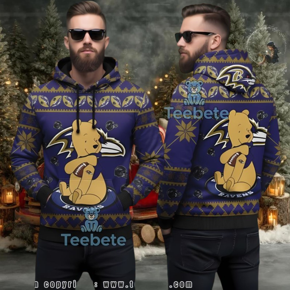 Baltimore Ravens Winnie Pooh Christmas Ugly 3D Hoodie Men Baltimore Ravens Winnie Pooh Christmas Ugly 3D Hoodie Men