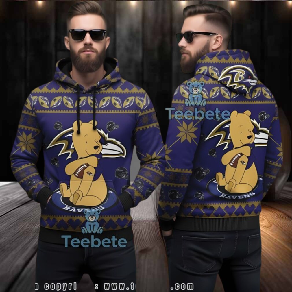 Baltimore Ravens Winnie Pooh Christmas Ugly 3D Hoodie Men Baltimore Ravens Winnie Pooh Christmas Ugly 3D Hoodie Men