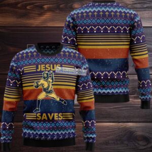 Baseball Player Jesus Save Ugly Christmas Sweaters Family