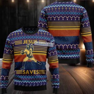 Baseball Player Jesus Save Ugly Christmas Sweaters Family