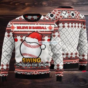 Baseball Swing Through Snow Ugly Christmas Sweater White Funny