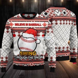 Baseball Swing Through Snow Ugly Christmas Sweater White Funny