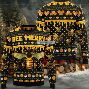 Bee Merry Xmas Ugly Christmas Sweater Mens Yellow Bee Merry Xmas Ugly Christmas Sweater Mens Yellow