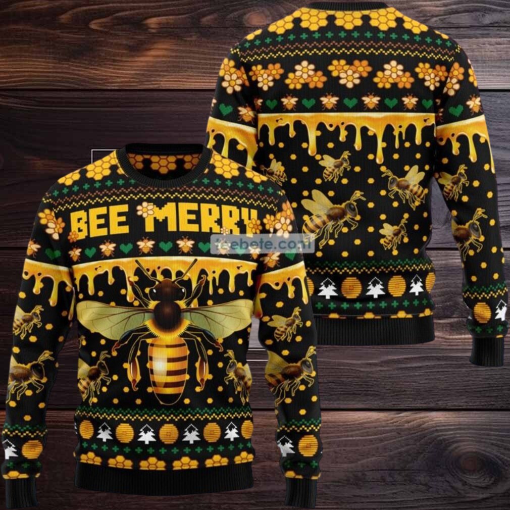 Bee Merry Xmas Ugly Christmas Sweater Mens Yellow Bee Merry Xmas Ugly Christmas Sweater Mens Yellow