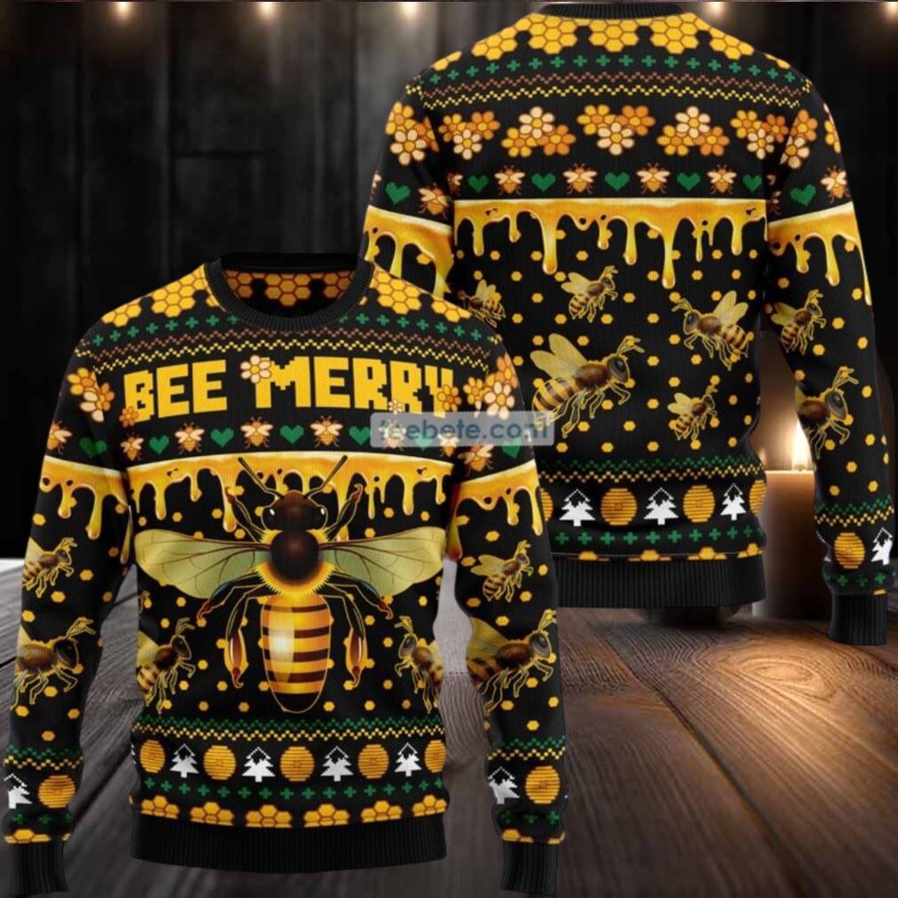 Bee Merry Xmas Ugly Christmas Sweater Mens Yellow Bee Merry Xmas Ugly Christmas Sweater Mens Yellow