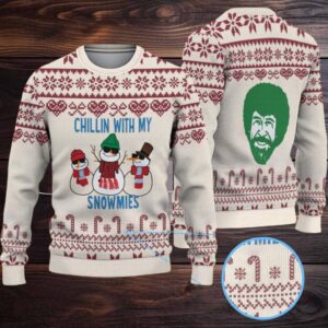 Beige & Burgundy Candy Cane Pattern “Bob Ross Chillin With My Snowmies” Ugly Christmas Sweater Beige & Burgundy Candy Cane Pattern “Bob Ross Chillin With My Snowmies” Ugly Christmas Sweater