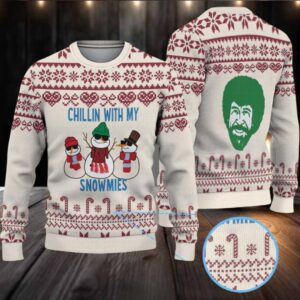 Beige & Burgundy Candy Cane Pattern “Bob Ross Chillin With My Snowmies” Ugly Christmas Sweater