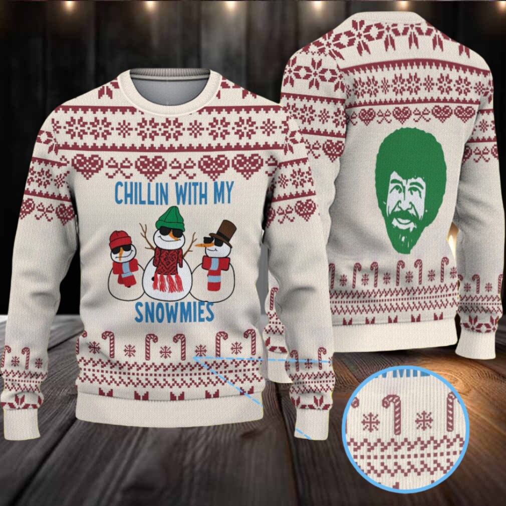 Beige & Burgundy Candy Cane Pattern “Bob Ross Chillin With My Snowmies” Ugly Christmas Sweater Beige & Burgundy Candy Cane Pattern “Bob Ross Chillin With My Snowmies” Ugly Christmas Sweater