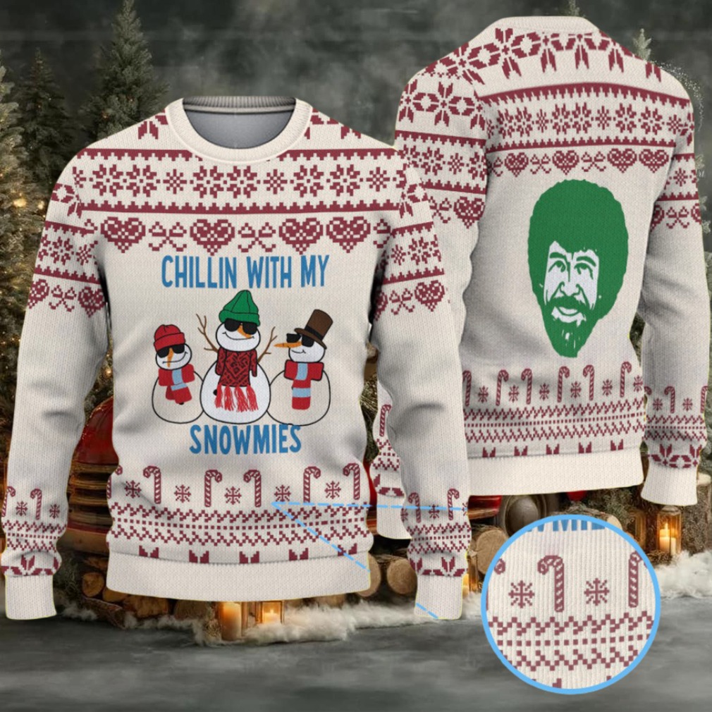 Beige & Burgundy Candy Cane Pattern “Bob Ross Chillin With My Snowmies” Ugly Christmas Sweater Beige & Burgundy Candy Cane Pattern “Bob Ross Chillin With My Snowmies” Ugly Christmas Sweater