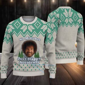 Beige & Green Snowflake Pattern “Bob Ross No Mistakes Just Happy Accidents” Ugly Christmas Sweater