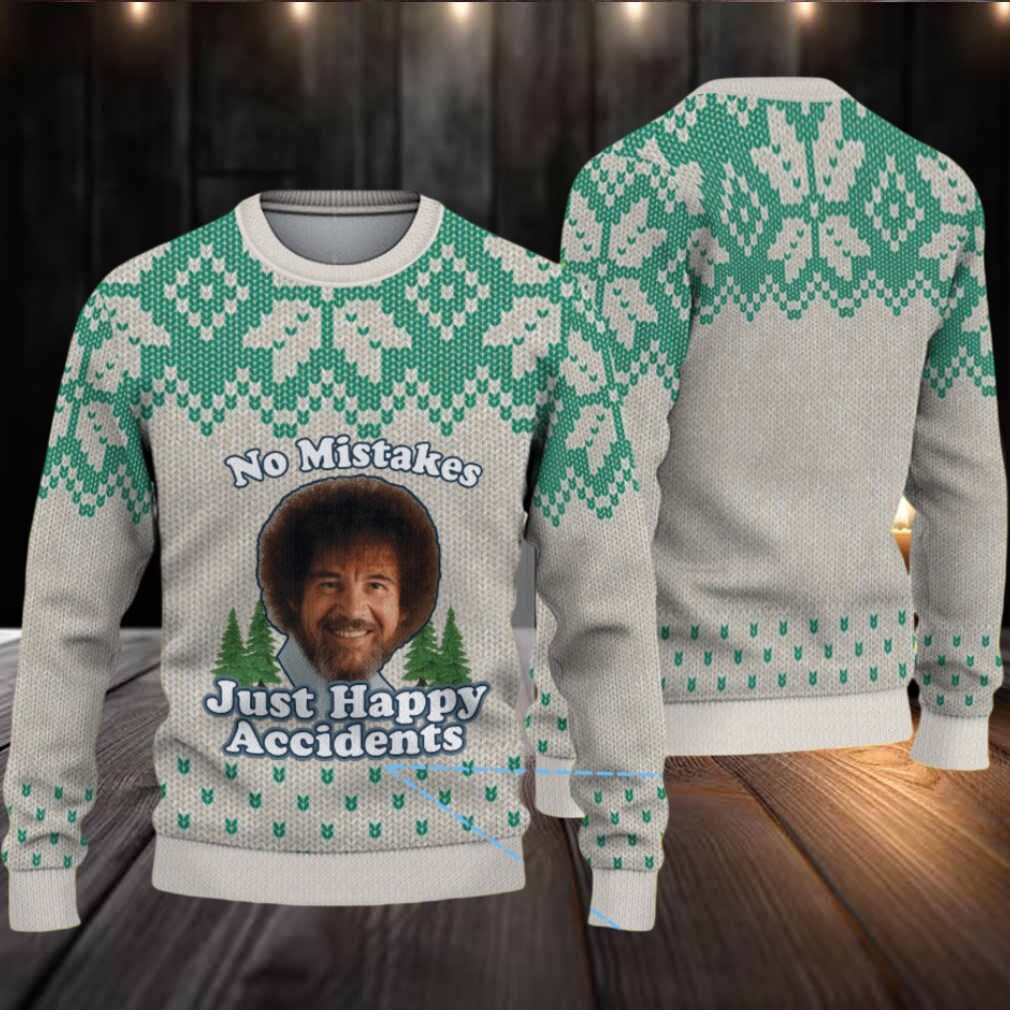 Beige & Green Snowflake Pattern “Bob Ross No Mistakes Just Happy Accidents” Ugly Christmas Sweater Beige & Green Snowflake Pattern “Bob Ross No Mistakes Just Happy Accidents” Ugly Christmas Sweater