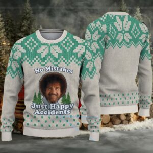 Beige & Green Snowflake Pattern “Bob Ross No Mistakes Just Happy Accidents” Ugly Christmas Sweater