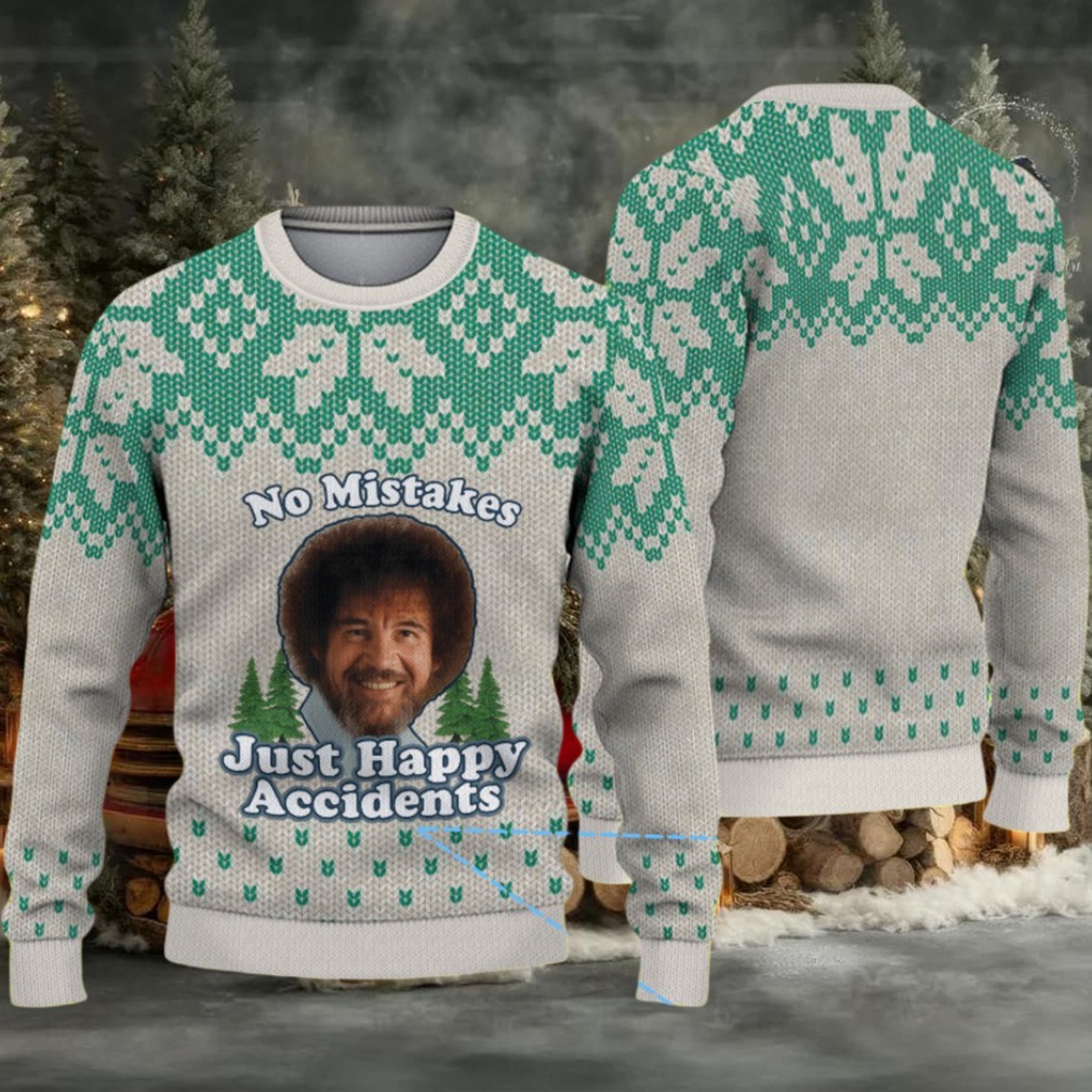 Beige & Green Snowflake Pattern “Bob Ross No Mistakes Just Happy Accidents” Ugly Christmas Sweater Beige & Green Snowflake Pattern “Bob Ross No Mistakes Just Happy Accidents” Ugly Christmas Sweater