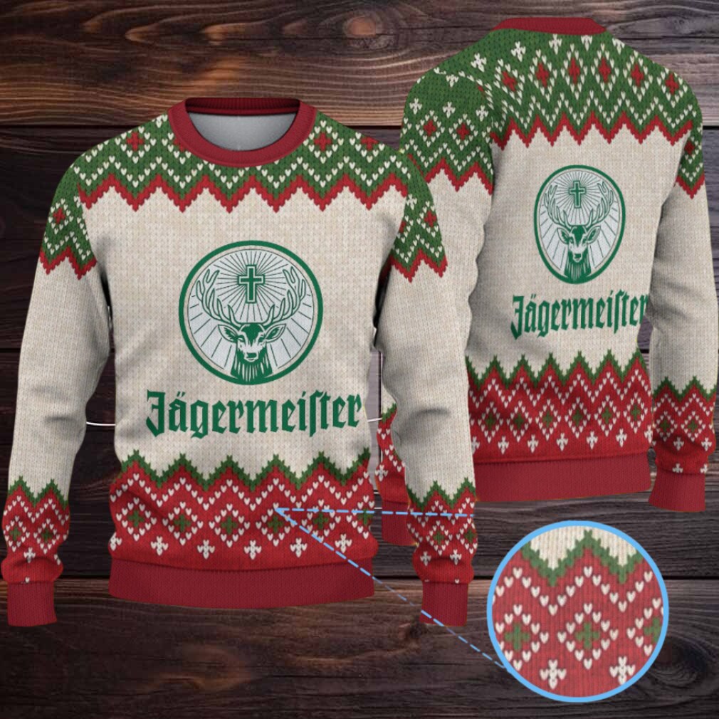 Beige Green and Red Fair Isle Zigzag Ugly Christmas Sweater Jagermeister Stag Logo Beige Green and Red Fair Isle Zigzag Ugly Christmas Sweater Jagermeister Stag Logo