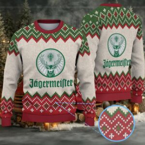 Beige Green and Red Fair Isle Zigzag Ugly Christmas Sweater Jagermeister Stag Logo