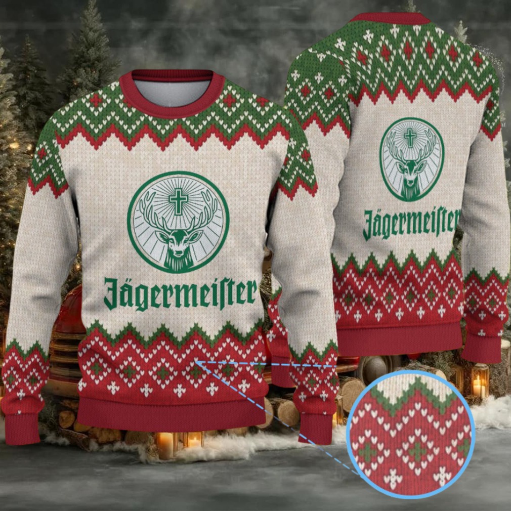 Beige Green and Red Fair Isle Zigzag Ugly Christmas Sweater Jagermeister Stag Logo Beige Green and Red Fair Isle Zigzag Ugly Christmas Sweater Jagermeister Stag Logo
